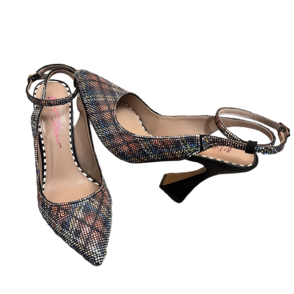 Betsey Johnson Darling Red Plaid Sparkling Rhinestone Sz 7 Slingback Block Heel